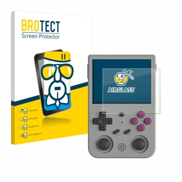 Vorderseite einer Produktverpackung mit dem Markenlogo BROTECT. Daneben ist das Gerät Anbernic RG353V mit dem zugehörigen Disp