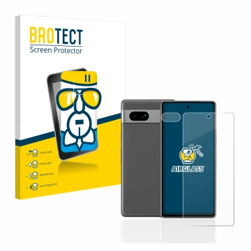 Vorderseite einer Produktverpackung mit dem Markenlogo BROTECT. Daneben ist das Gerät Google Pixel 7a (Display+Kamera) mit dem