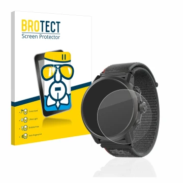 Vorderseite einer Produktverpackung mit dem Markenlogo BROTECT. Daneben ist das Gerät Coros Apex 2 mit dem zugehörigen Display