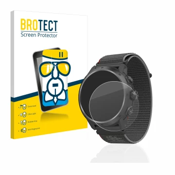 Vorderseite einer Produktverpackung mit dem Markenlogo BROTECT. Daneben ist das Gerät Coros Apex 2 Pro mit dem zugehörigen Dis