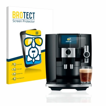Vorderseite einer Produktverpackung mit dem Markenlogo BROTECT. Daneben ist das Gerät Jura J8 mit dem zugehörigen Displayschut