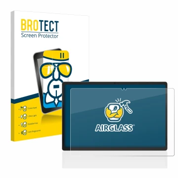 Vorderseite einer Produktverpackung mit dem Markenlogo BROTECT. Daneben ist das Gerät Jumper EZpad M11 mit dem zugehörigen Dis