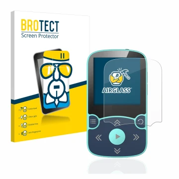 Vorderseite einer Produktverpackung mit dem Markenlogo BROTECT. Daneben ist das Gerät AGPtek A65X MP3 Player with clip mit dem