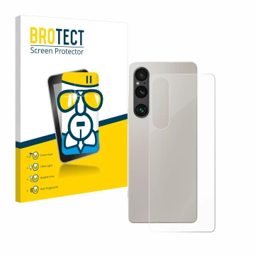 Vorderseite einer Produktverpackung mit dem Markenlogo BROTECT. Daneben ist das Gerät Sony Xperia 1 V (Rückseite) mit dem zuge