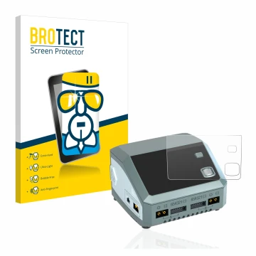 Vorderseite einer Produktverpackung mit dem Markenlogo BROTECT. Daneben ist das Gerät SkyRc D200 neo mit dem zugehörigen Displ