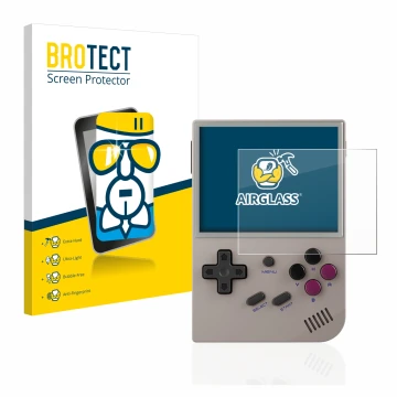 Vorderseite einer Produktverpackung mit dem Markenlogo BROTECT. Daneben ist das Gerät Anbernic RG35XX mit dem zugehörigen Disp