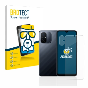 Vorderseite einer Produktverpackung mit dem Markenlogo BROTECT. Daneben ist das Gerät Xiaomi Redmi 12C (Display+Kamera) mit de