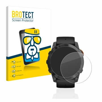 Vorderseite einer Produktverpackung mit dem Markenlogo BROTECT. Daneben ist das Gerät Garmin Fenix 7X Pro Solar (51 mm) mit de