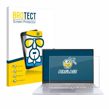 Vorderseite einer Produktverpackung mit dem Markenlogo BROTECT. Daneben ist das Gerät ASUS Vivobook 16 M1605 mit dem zugehörig