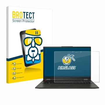 Vorderseite einer Produktverpackung mit dem Markenlogo BROTECT. Daneben ist das Gerät ASUS Vivobook S 16 Flip OLED TP3604 mit 