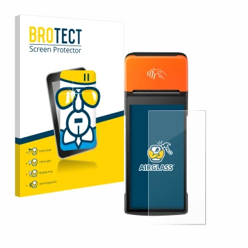 Vorderseite einer Produktverpackung mit dem Markenlogo BROTECT. Daneben ist das Gerät Sunmi V2 Pro mit dem zugehörigen Display