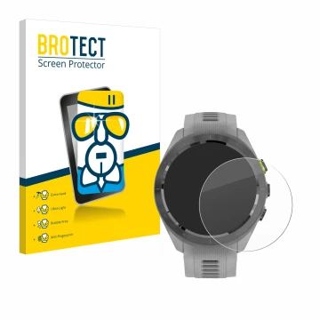 Vorderseite einer Produktverpackung mit dem Markenlogo BROTECT. Daneben ist das Gerät Garmin Approach S70 (42 mm) mit dem zuge