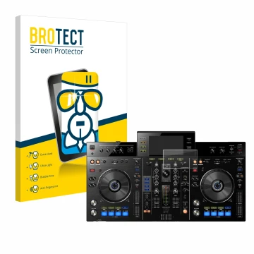 Vorderseite einer Produktverpackung mit dem Markenlogo BROTECT. Daneben ist das Gerät Pioneer XDJ-RX mit dem zugehörigen Displ