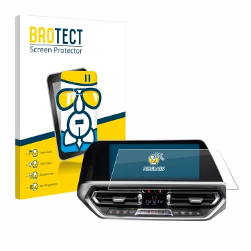 Vorderseite einer Produktverpackung mit dem Markenlogo BROTECT. Daneben ist das Gerät BMW 3 G20 2020 mit dem zugehörigen Displ