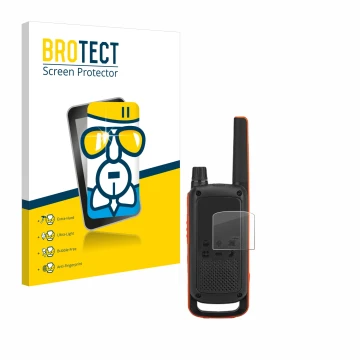 Vorderseite einer Produktverpackung mit dem Markenlogo BROTECT. Daneben ist das Gerät Motorola Talkabout T82 mit dem zugehörig