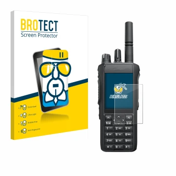 Vorderseite einer Produktverpackung mit dem Markenlogo BROTECT. Daneben ist das Gerät Motorola Mototrbo R7 mit dem zugehörigen