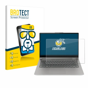 Vorderseite einer Produktverpackung mit dem Markenlogo BROTECT. Daneben ist das Gerät Lenovo ThinkBook 14s Yoga G3 mit dem zug