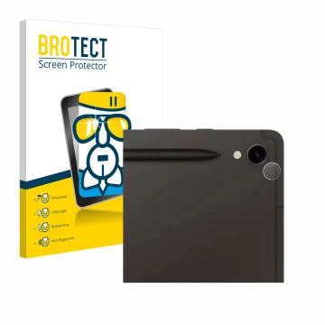 Vorderseite einer Produktverpackung mit dem Markenlogo BROTECT. Daneben ist das Gerät Samsung Galaxy Tab S9 5G (NUR Kameraschu