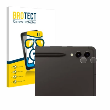 Vorderseite einer Produktverpackung mit dem Markenlogo BROTECT. Daneben ist das Gerät Samsung Galaxy Tab S9 Plus WiFi (NUR Kam
