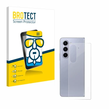 Vorderseite einer Produktverpackung mit dem Markenlogo BROTECT. Daneben ist das Gerät Samsung Galaxy Z Fold 5 (Rückseite) mit 