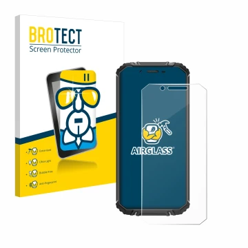 Vorderseite einer Produktverpackung mit dem Markenlogo BROTECT. Daneben ist das Gerät Oukitel WP18 mit dem zugehörigen Display