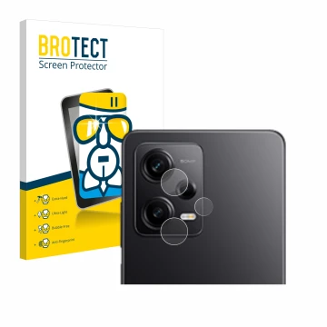 Vorderseite einer Produktverpackung mit dem Markenlogo BROTECT. Daneben ist das Gerät Xiaomi Redmi Note 12 Pro 5G (NUR Kameras