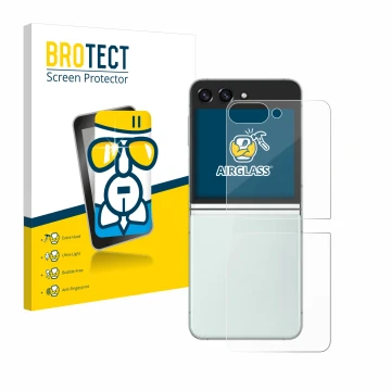 Vorderseite einer Produktverpackung mit dem Markenlogo BROTECT. Daneben ist das Gerät Samsung Galaxy Z Flip 5 (Rückseite) mit 