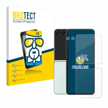 Vorderseite einer Produktverpackung mit dem Markenlogo BROTECT. Daneben ist das Gerät Samsung Galaxy Z Flip 5 (Display+Kamera)
