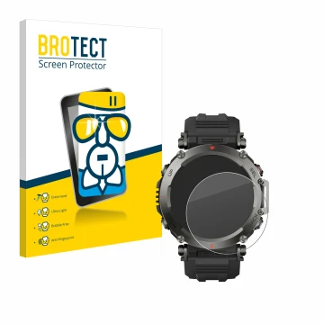 Vorderseite einer Produktverpackung mit dem Markenlogo BROTECT. Daneben ist das Gerät Huami Amazfit T-Rex Ultra mit dem zugehö