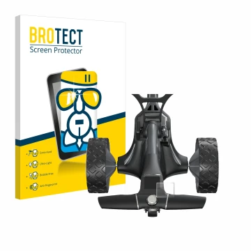 Vorderseite einer Produktverpackung mit dem Markenlogo BROTECT. Daneben ist das Gerät Motocaddy M7 GPS Electric Trolley mit de
