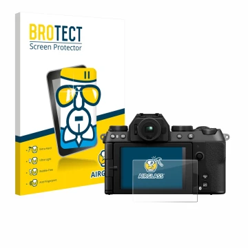 Vorderseite einer Produktverpackung mit dem Markenlogo BROTECT. Daneben ist das Gerät Fujifilm X-S20 mit dem zugehörigen Displ