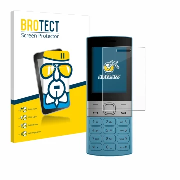 Vorderseite einer Produktverpackung mit dem Markenlogo BROTECT. Daneben ist das Gerät Nokia 150 (2023) mit dem zugehörigen Dis