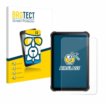 Vorderseite einer Produktverpackung mit dem Markenlogo BROTECT. Daneben ist das Gerät Oukitel RT3 mit dem zugehörigen Displays