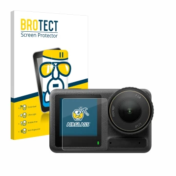 Vorderseite einer Produktverpackung mit dem Markenlogo BROTECT. Daneben ist das Gerät DJI Osmo Action 4 (Vorderes Display) mit