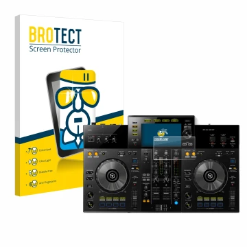 Vorderseite einer Produktverpackung mit dem Markenlogo BROTECT. Daneben ist das Gerät Pioneer XDJ -RR mit dem zugehörigen Disp