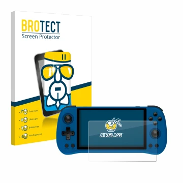 Vorderseite einer Produktverpackung mit dem Markenlogo BROTECT. Daneben ist das Gerät Powkiddy X55 mit dem zugehörigen Display