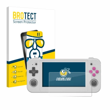 Vorderseite einer Produktverpackung mit dem Markenlogo BROTECT. Daneben ist das Gerät Anbernic RG505 mit dem zugehörigen Displ