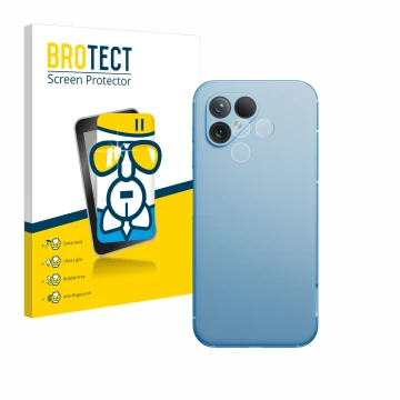 Vorderseite einer Produktverpackung mit dem Markenlogo BROTECT. Daneben ist das Gerät Fairphone 5 (NUR Kameraschutz) mit dem z