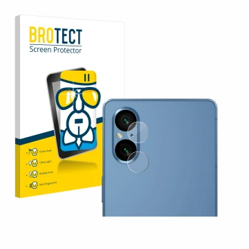 Vorderseite einer Produktverpackung mit dem Markenlogo BROTECT. Daneben ist das Gerät Sony Xperia 5 V (NUR Kameraschutz) mit d