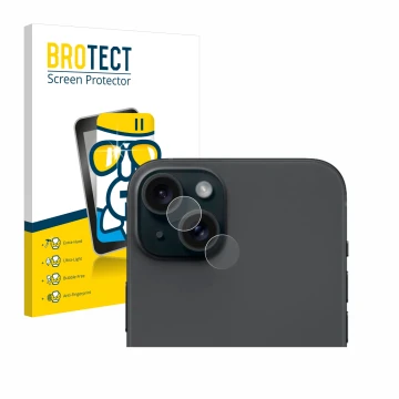 Vorderseite einer Produktverpackung mit dem Markenlogo BROTECT. Daneben ist das Gerät Apple iPhone 15 Plus (NUR Kameraschutz) 