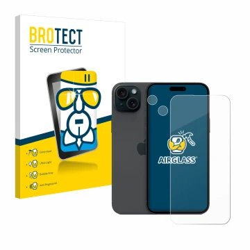 Vorderseite einer Produktverpackung mit dem Markenlogo BROTECT. Daneben ist das Gerät Apple iPhone 15 Plus (Display+Kamera) mi