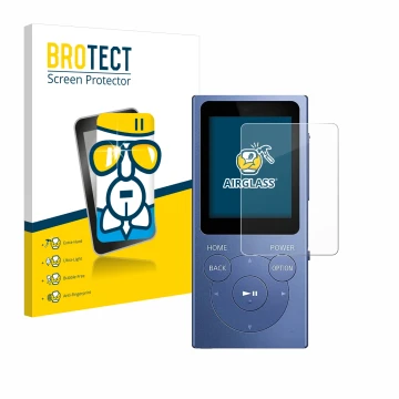 Vorderseite einer Produktverpackung mit dem Markenlogo BROTECT. Daneben ist das Gerät Sony Walkman NW-E394 mit dem zugehörigen