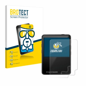 Vorderseite einer Produktverpackung mit dem Markenlogo BROTECT. Daneben ist das Gerät HifiWalker H2 touch mit dem zugehörigen 