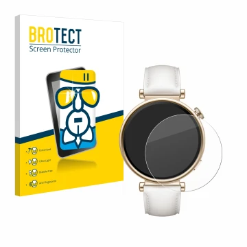 Vorderseite einer Produktverpackung mit dem Markenlogo BROTECT. Daneben ist das Gerät Huawei Watch GT 4 (41mm) mit dem zugehör