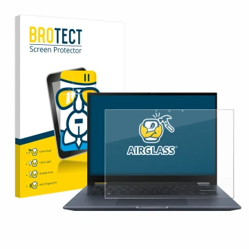 Vorderseite einer Produktverpackung mit dem Markenlogo BROTECT. Daneben ist das Gerät ASUS Vivobook S 14 Flip TP3402 mit dem z