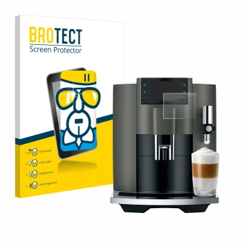 Vorderseite einer Produktverpackung mit dem Markenlogo BROTECT. Daneben ist das Gerät Jura E8 (EC) mit dem zugehörigen Display