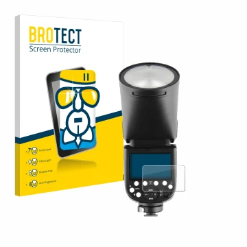 Vorderseite einer Produktverpackung mit dem Markenlogo BROTECT. Daneben ist das Gerät Godox V1 mit dem zugehörigen Displayschu