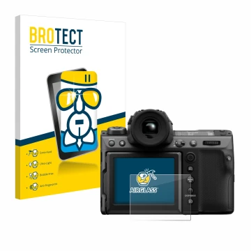 Vorderseite einer Produktverpackung mit dem Markenlogo BROTECT. Daneben ist das Gerät Fujifilm GFX100 II mit dem zugehörigen D
