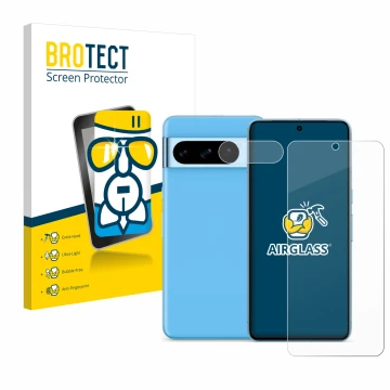 Vorderseite einer Produktverpackung mit dem Markenlogo BROTECT. Daneben ist das Gerät Google Pixel 8 Pro (Display+Kamera) mit 