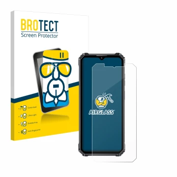 Vorderseite einer Produktverpackung mit dem Markenlogo BROTECT. Daneben ist das Gerät Oukitel WP28 mit dem zugehörigen Display